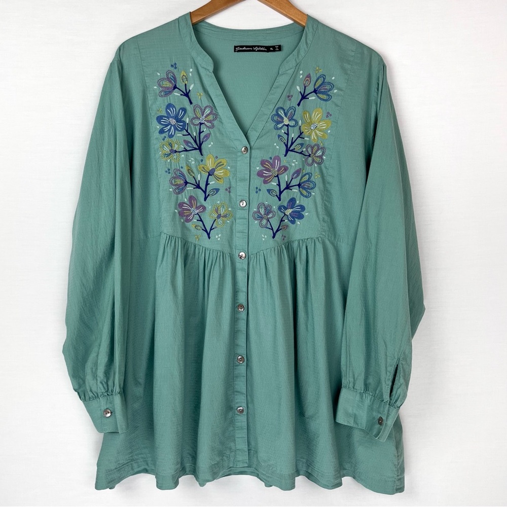 Gudrun Sjoden Womens XL Floral Embroidered Peasant Top Organic Cotton Flowy Boho